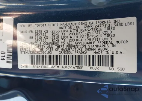 2006 Toyota Tacoma Base V6 z USA, uszkodzony, nr VIN 5TEMU52NX6Z310192